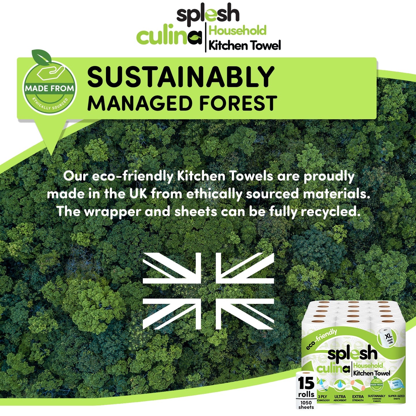 Splesh Culina Kitchen Towel 3 Ply Ultra Absorbent Household XL Roll, 15 Rolls