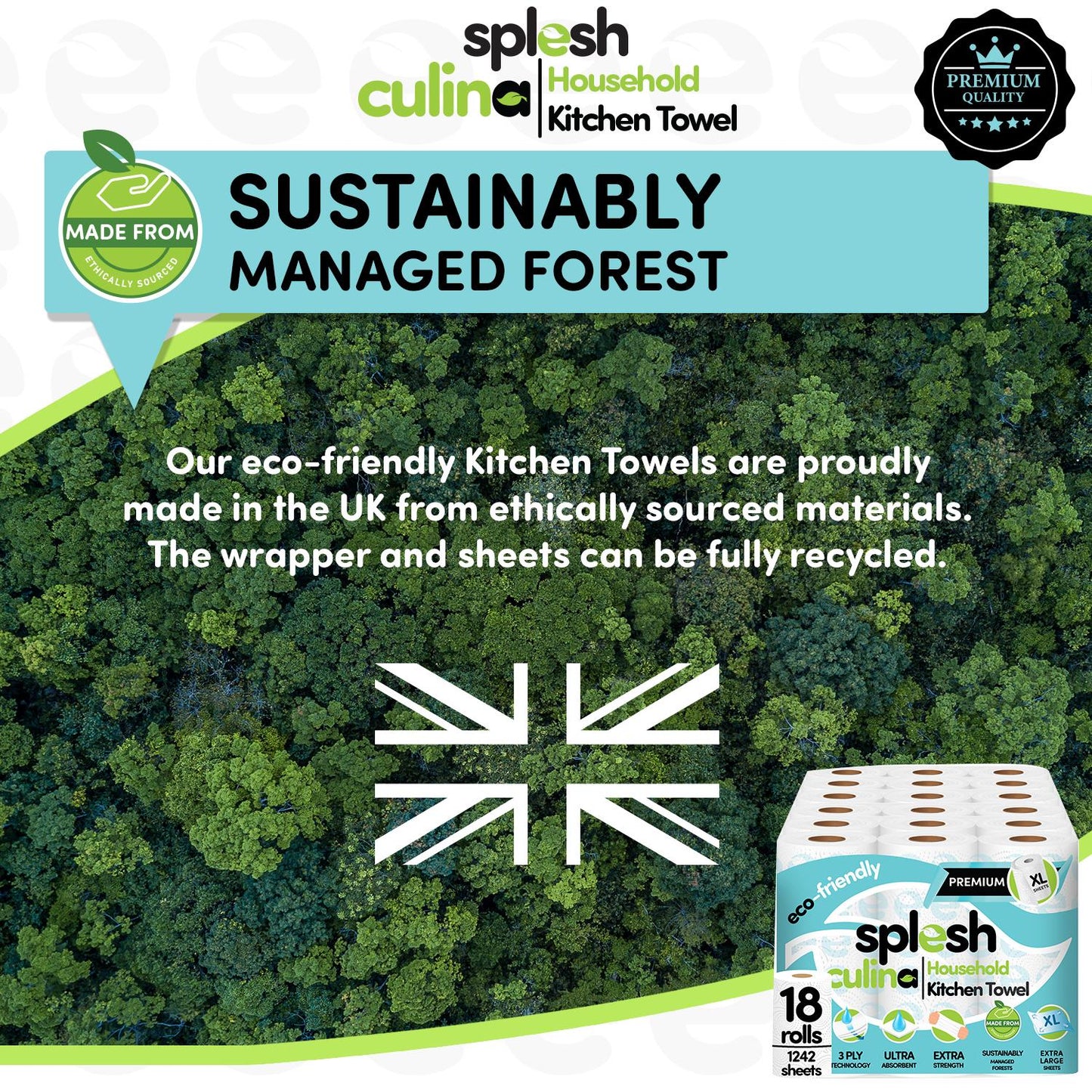 Splesh Culina Kitchen Towel 3 Ply Ultra Absorbent Household XL Roll, 18 Rolls