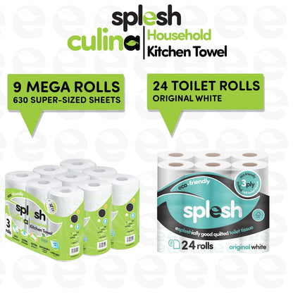 Splesh Toilet Roll Quilted White 24 Rolls with Culina Kitchen Towel 9 Rolls