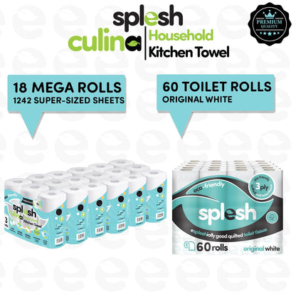 Splesh Toilet Roll Quilted White 60 Rolls with Culina Kitchen Towel 18 Rolls