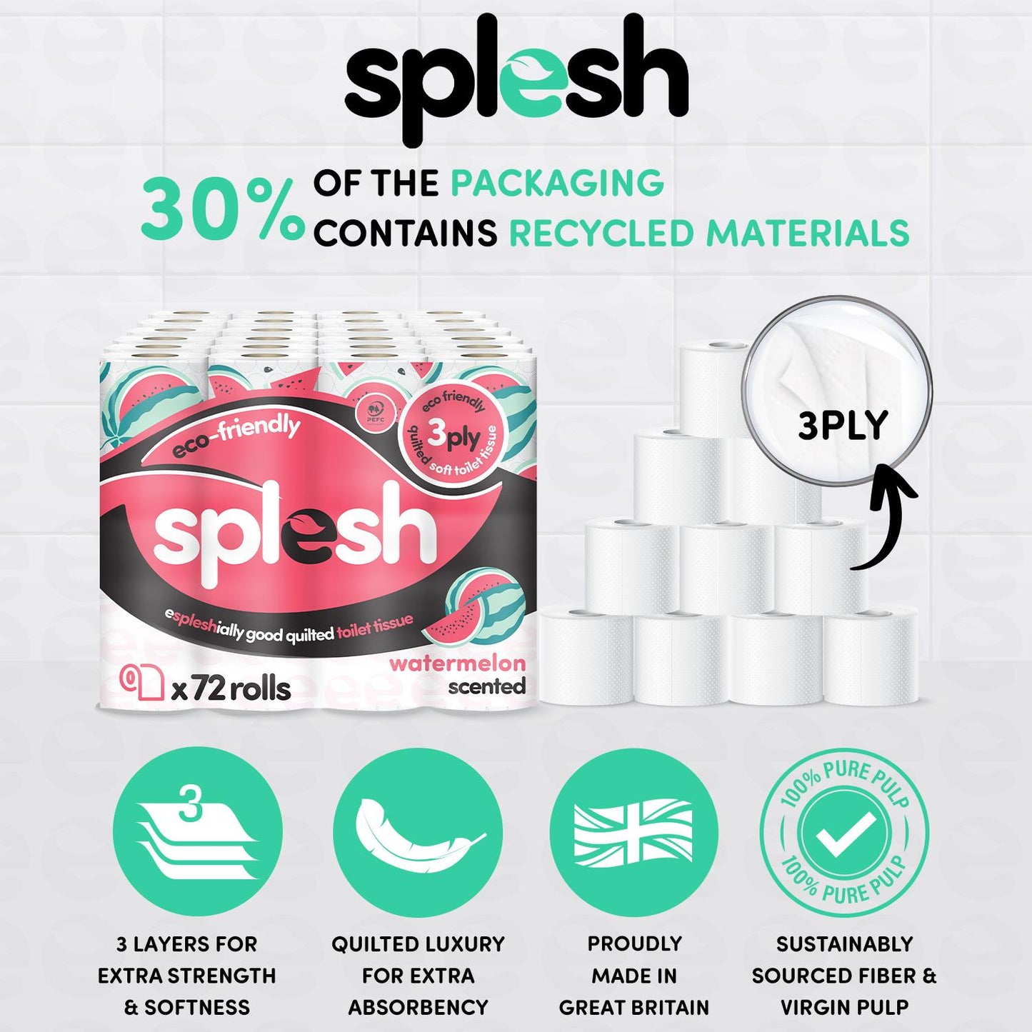 Splesh Quilted Toilet Roll Luxury Watermelon 3-Ply Soft Toilet Paper, 84 Rolls