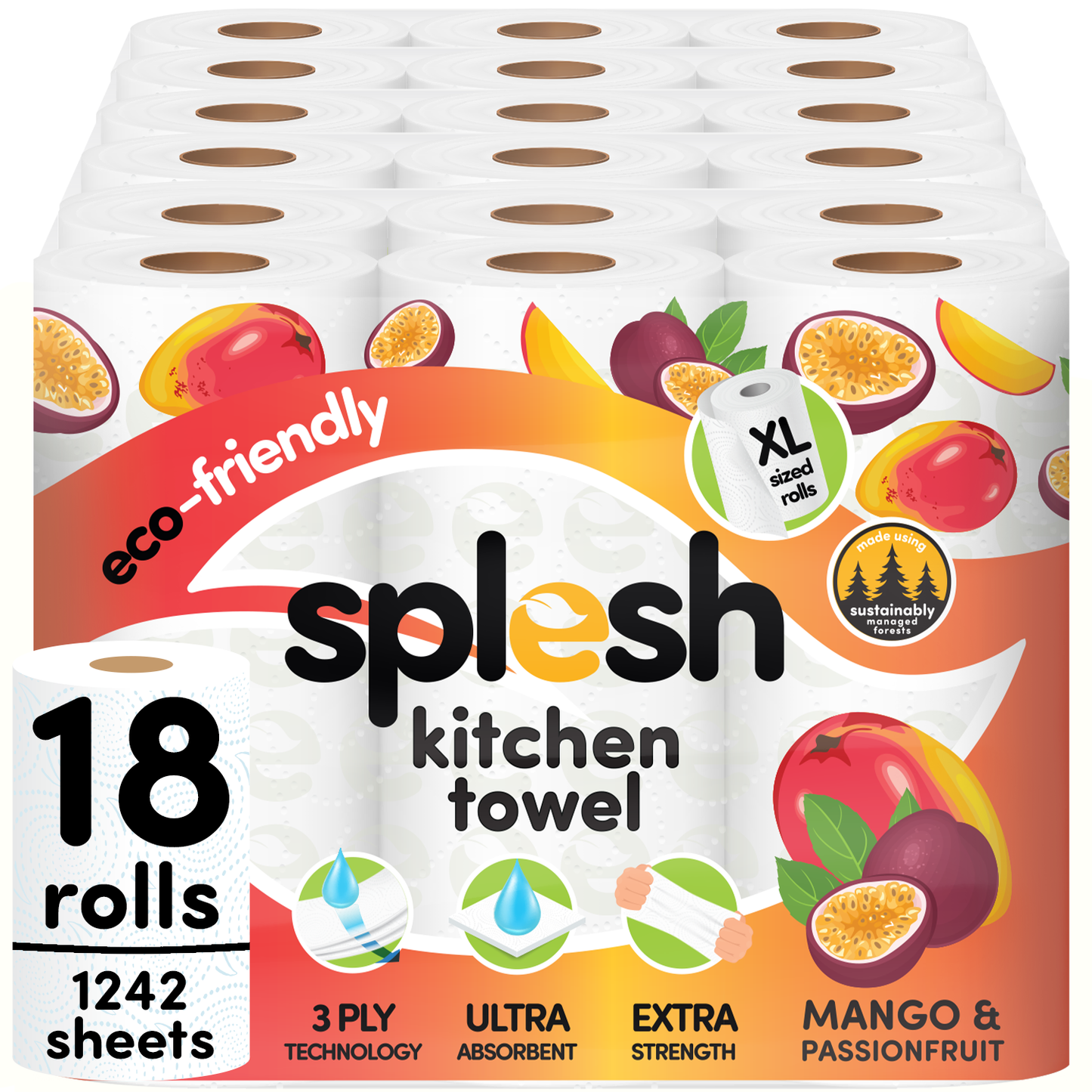 Splesh Culina Kitchen Towel - Mango & Passionfruit scented 3 Ply Ultra Absorbent Household XL Roll, 18 Rolls
