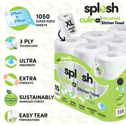 Splesh Culina Kitchen Towel 3 Ply Ultra Absorbent Household XL Roll, 15 Rolls
