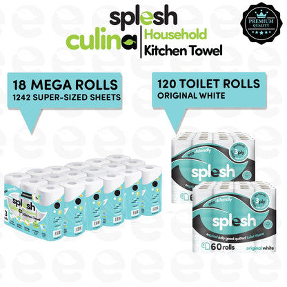 Splesh Toilet Roll Quilted White 120 Rolls with Culina Kitchen Towel 18 Rolls