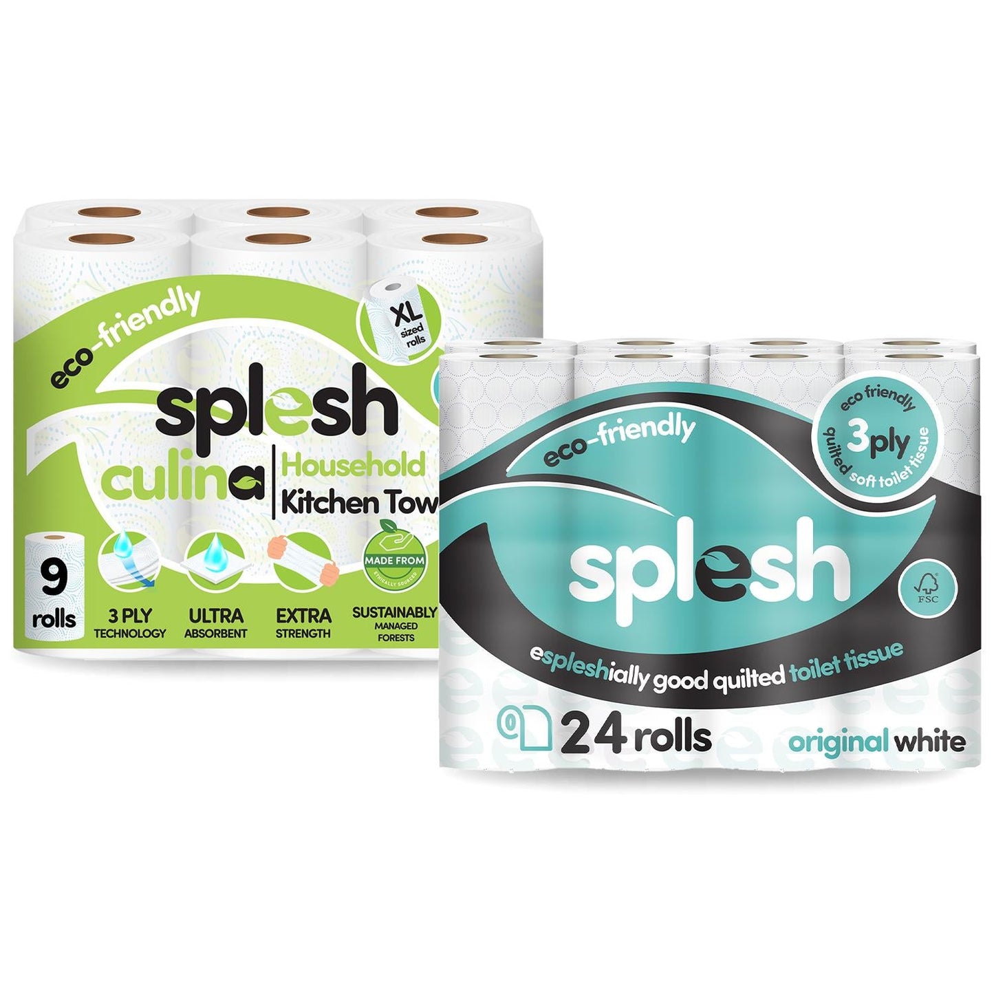 Splesh Toilet Roll Quilted White 24 Rolls with Culina Kitchen Towel 9 Rolls