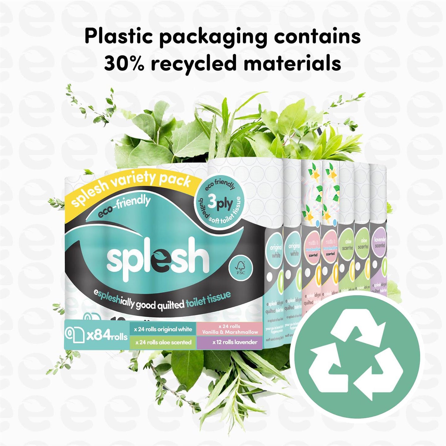 Splesh Variety Pack 84 Toilet Rolls (x24 White, Aloe, Vanilla + x12 Lavender)