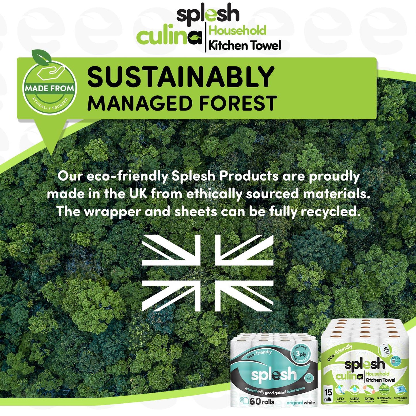 Splesh Toilet Roll Quilted White 60 Rolls with Culina Kitchen Towel 15 Rolls