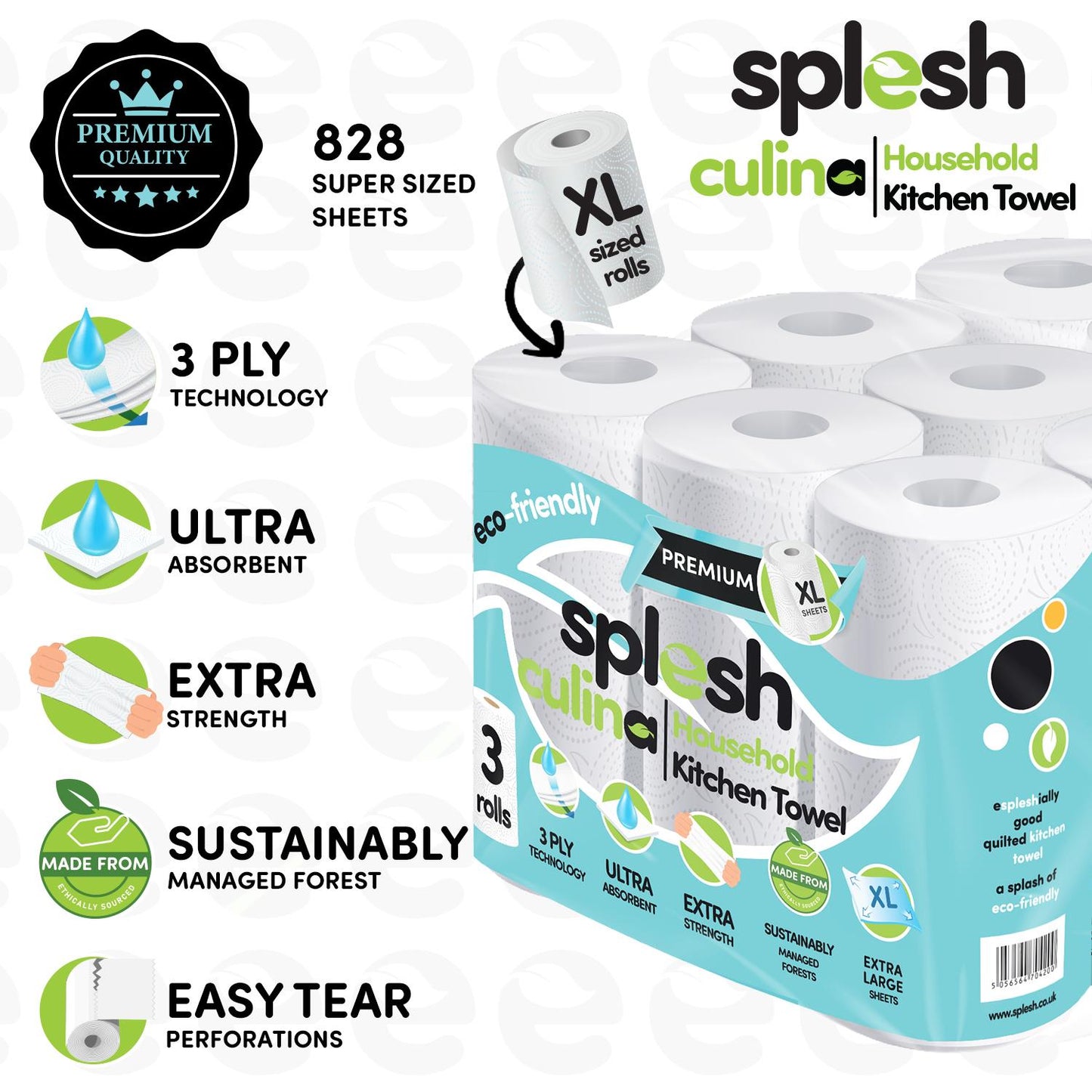 Splesh Toilet Roll Quilted White 48 Rolls with Culina Kitchen Towel 12 Rolls