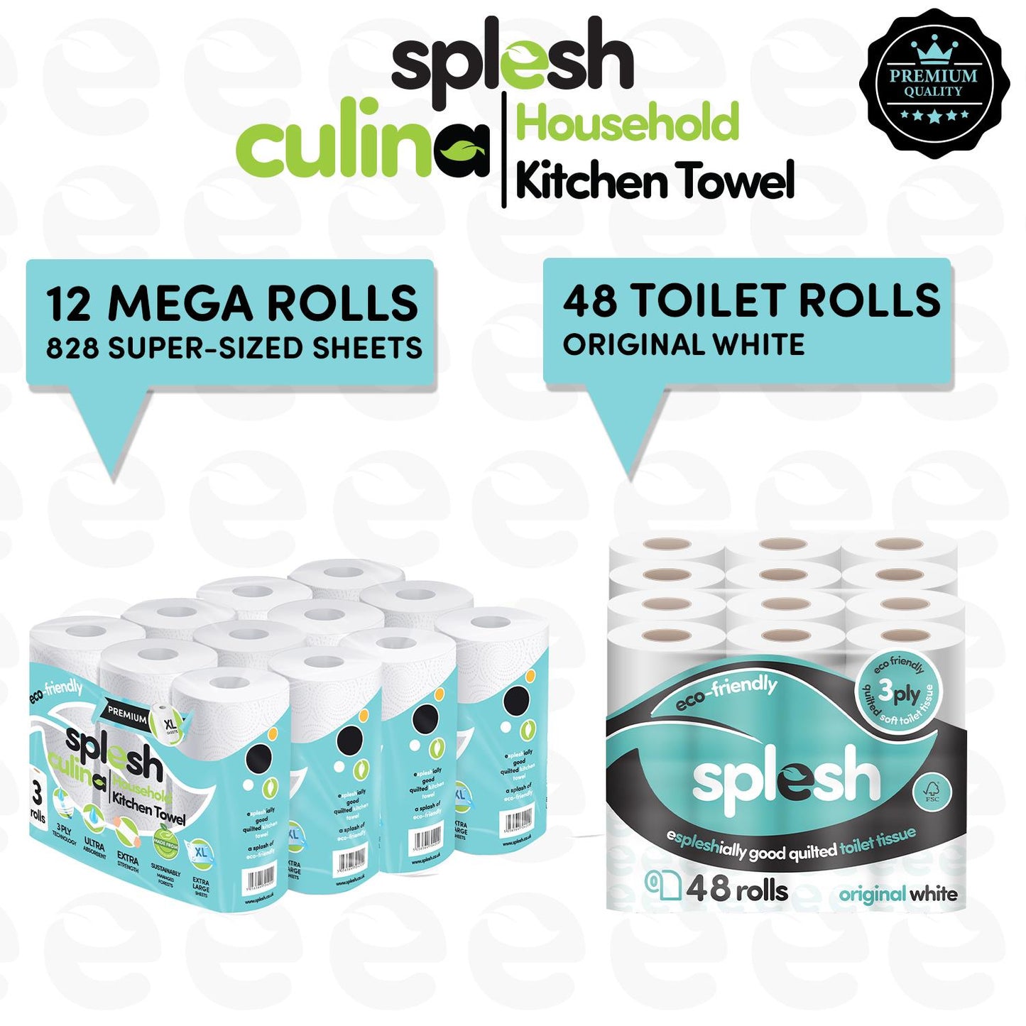 Splesh Toilet Roll Quilted White 48 Rolls with Culina Kitchen Towel 12 Rolls