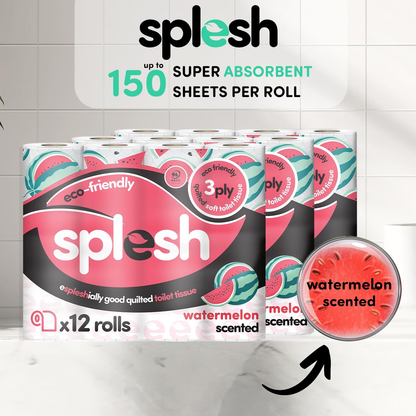 Splesh Quilted Toilet Roll Luxury Watermelon 3-Ply Soft Toilet Paper, 36 Rolls