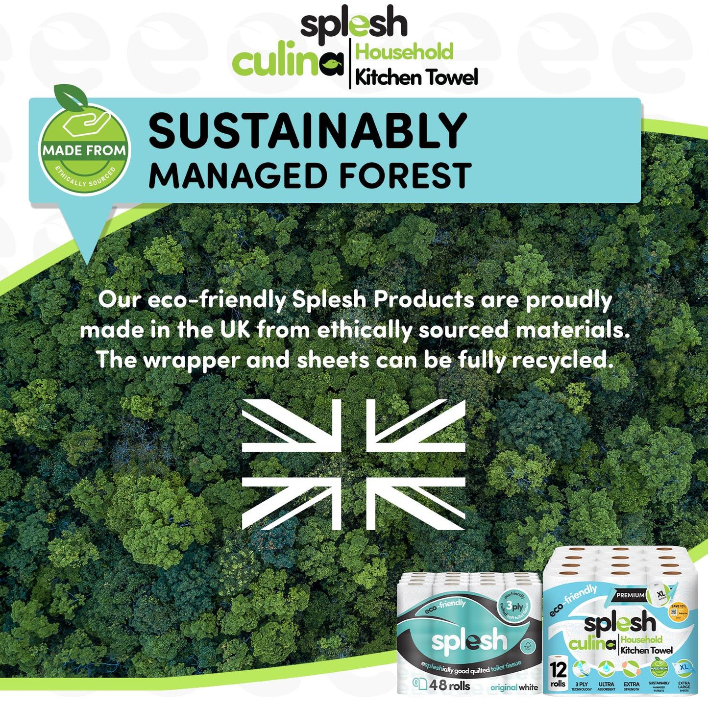 Splesh Toilet Roll Quilted White 48 Rolls with Culina Kitchen Towel 12 Rolls