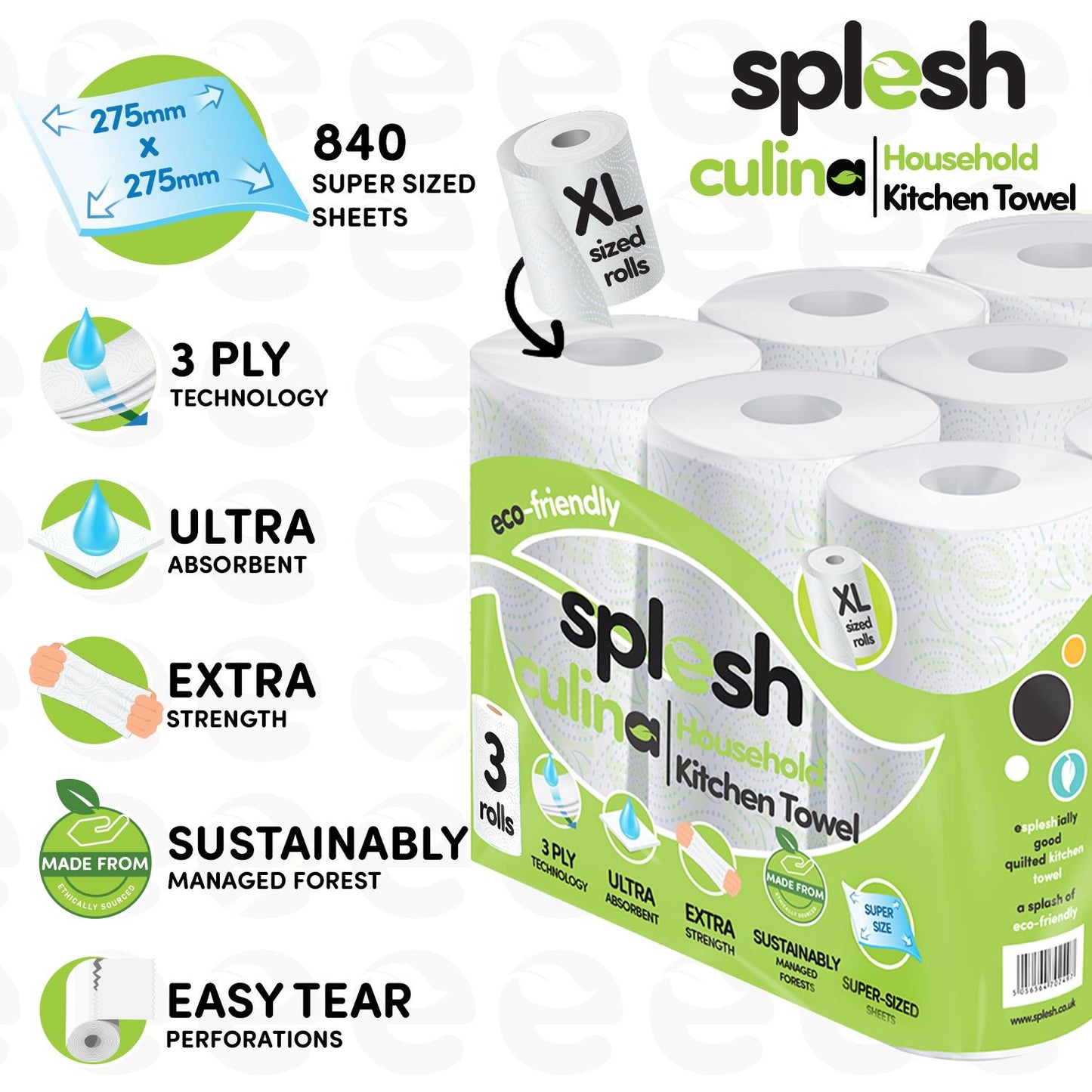Splesh Toilet Roll Quilted White 48 Rolls with Culina Kitchen Towel 12 Rolls