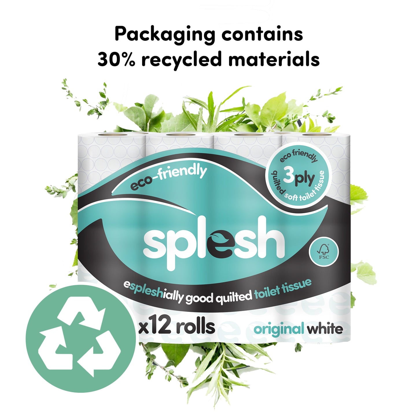 Splesh Toilet Roll, Soft & Quilted Eco-Friendly, White, 12 Rolls