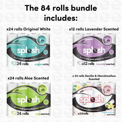 Splesh Variety Pack 84 Toilet Rolls (x24 White, Aloe, Vanilla + x12 Lavender)