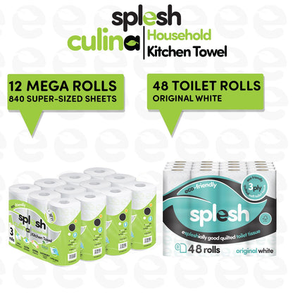 Splesh Toilet Roll Quilted White 48 Rolls with Culina Kitchen Towel 12 Rolls