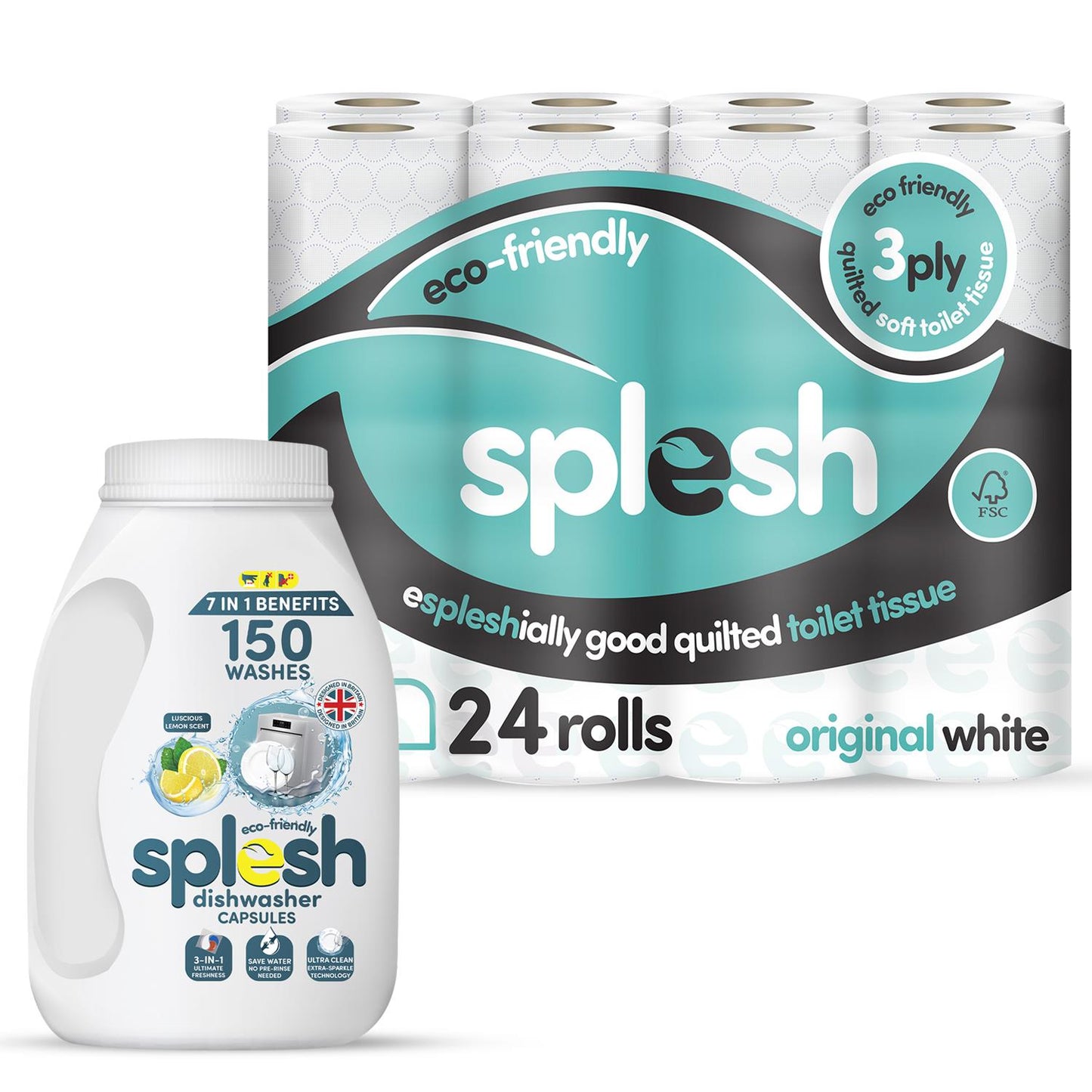 Splesh Toilet Paper Original White 3Ply 24 Rolls w/ 3in1 Dishwasher Tablets 150W