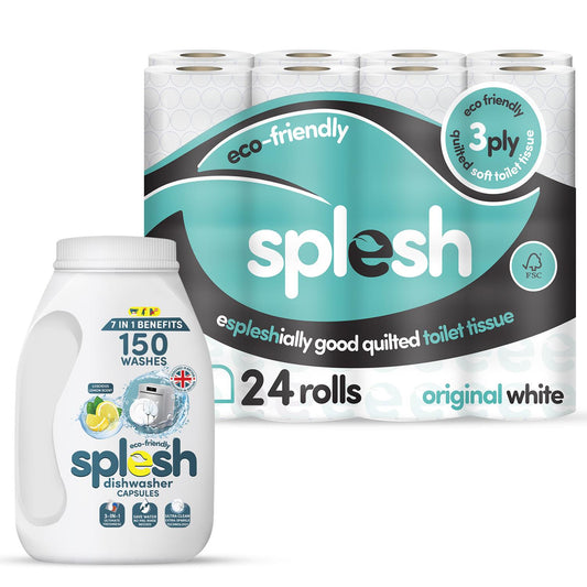 Splesh Toilet Paper Original White 3Ply 24 Rolls w/ 3in1 Dishwasher Tablets 150W