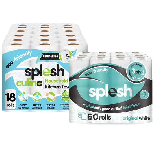 Splesh Toilet Roll Quilted White 60 Rolls with Culina Kitchen Towel 18 Rolls
