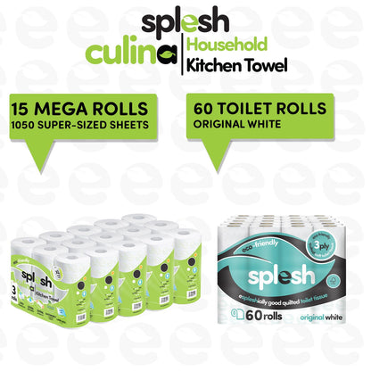 Splesh Toilet Roll Quilted White 60 Rolls with Culina Kitchen Towel 15 Rolls