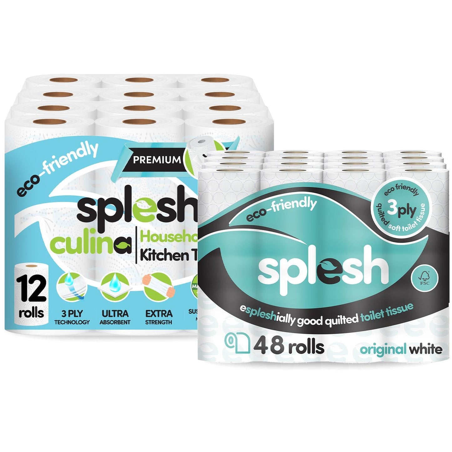 Splesh Toilet Roll Quilted White 48 Rolls with Culina Kitchen Towel 12 Rolls
