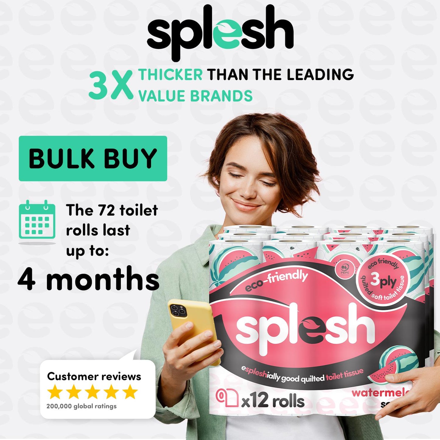 Splesh Quilted Toilet Roll Luxury Watermelon 3-Ply Soft Toilet Paper, 36 Rolls