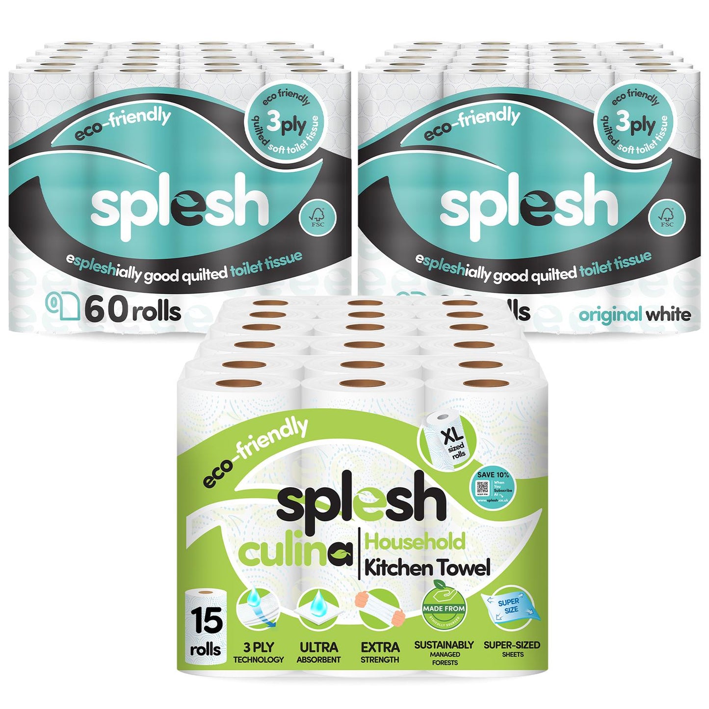 Splesh Toilet Roll Quilted White 120 Rolls with Culina Kitchen Towel 15 Rolls
